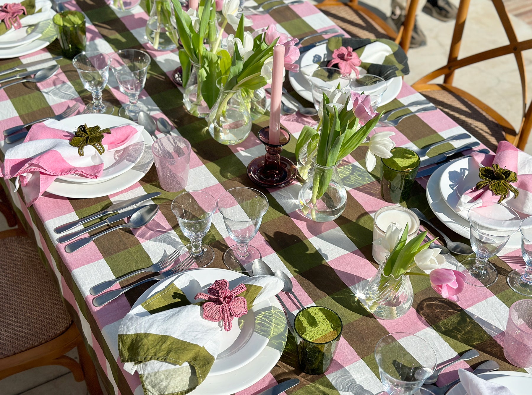 Gingham Linen Tablecloth in Rose Pink & Avocado Green