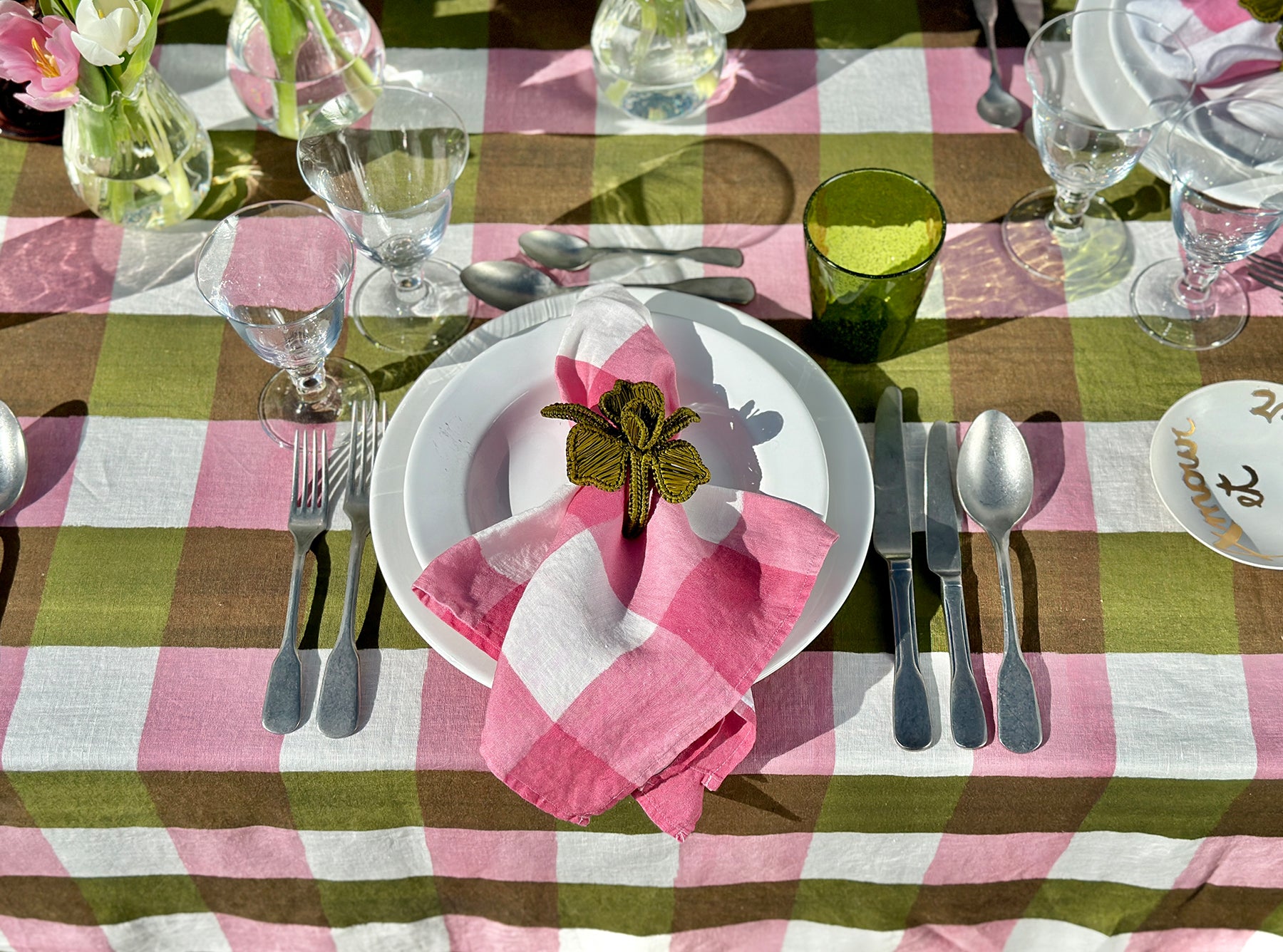 Gingham Linen Tablecloth in Rose Pink & Avocado Green