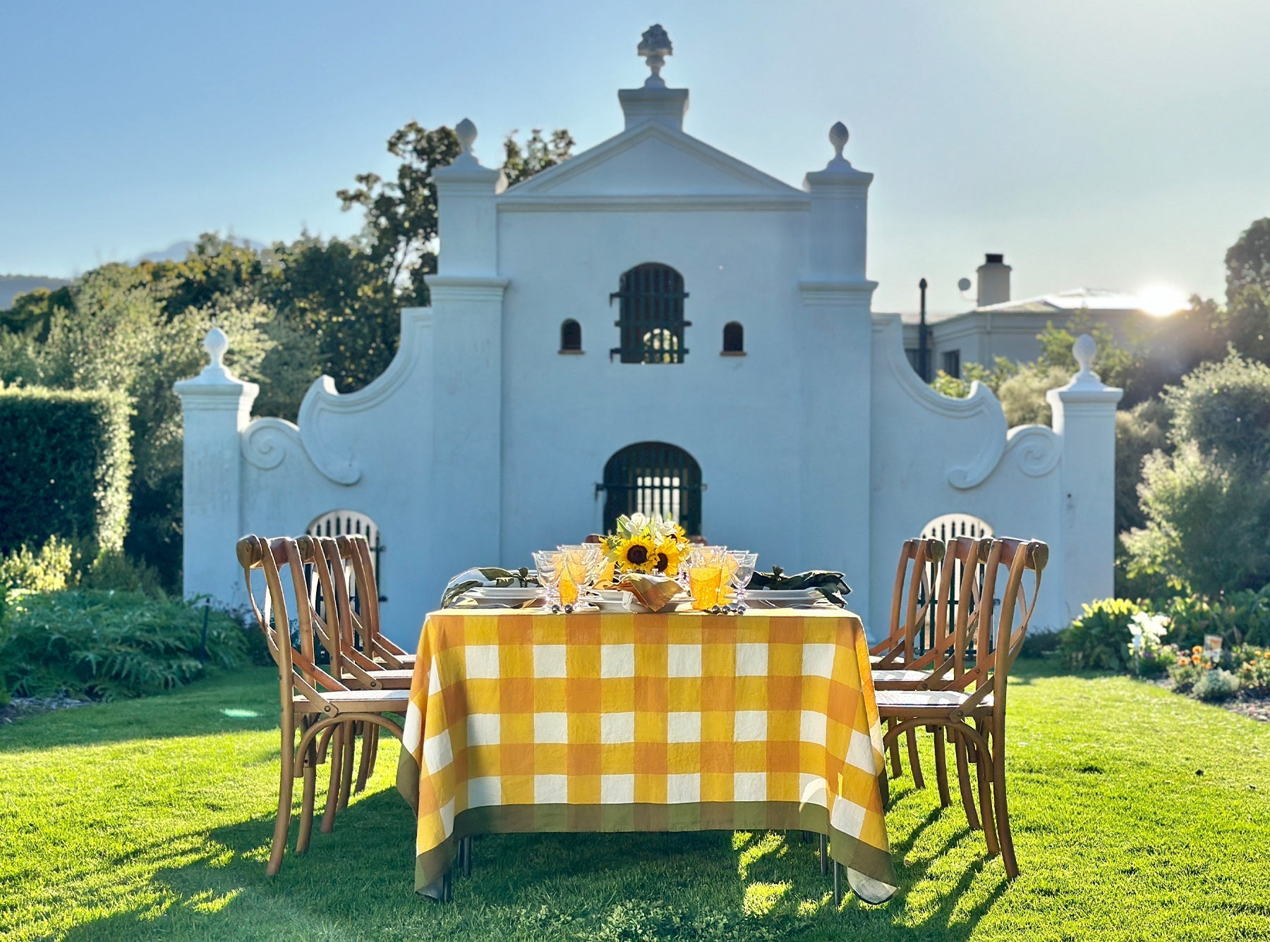 'Gingham' Linen Tablecloth in Mustard Yellow with Avocado Green Trim