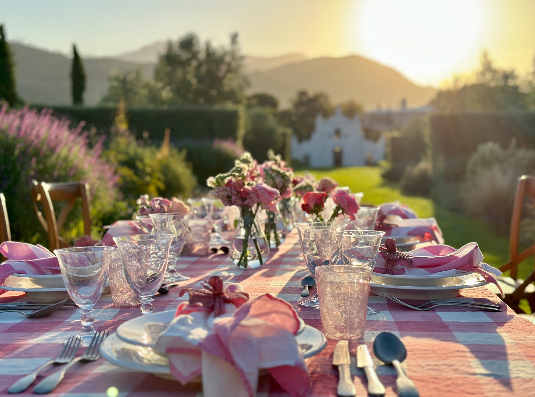 'Gingham' Linen Tablecloth in Rose Pink with Avocado Green Trim