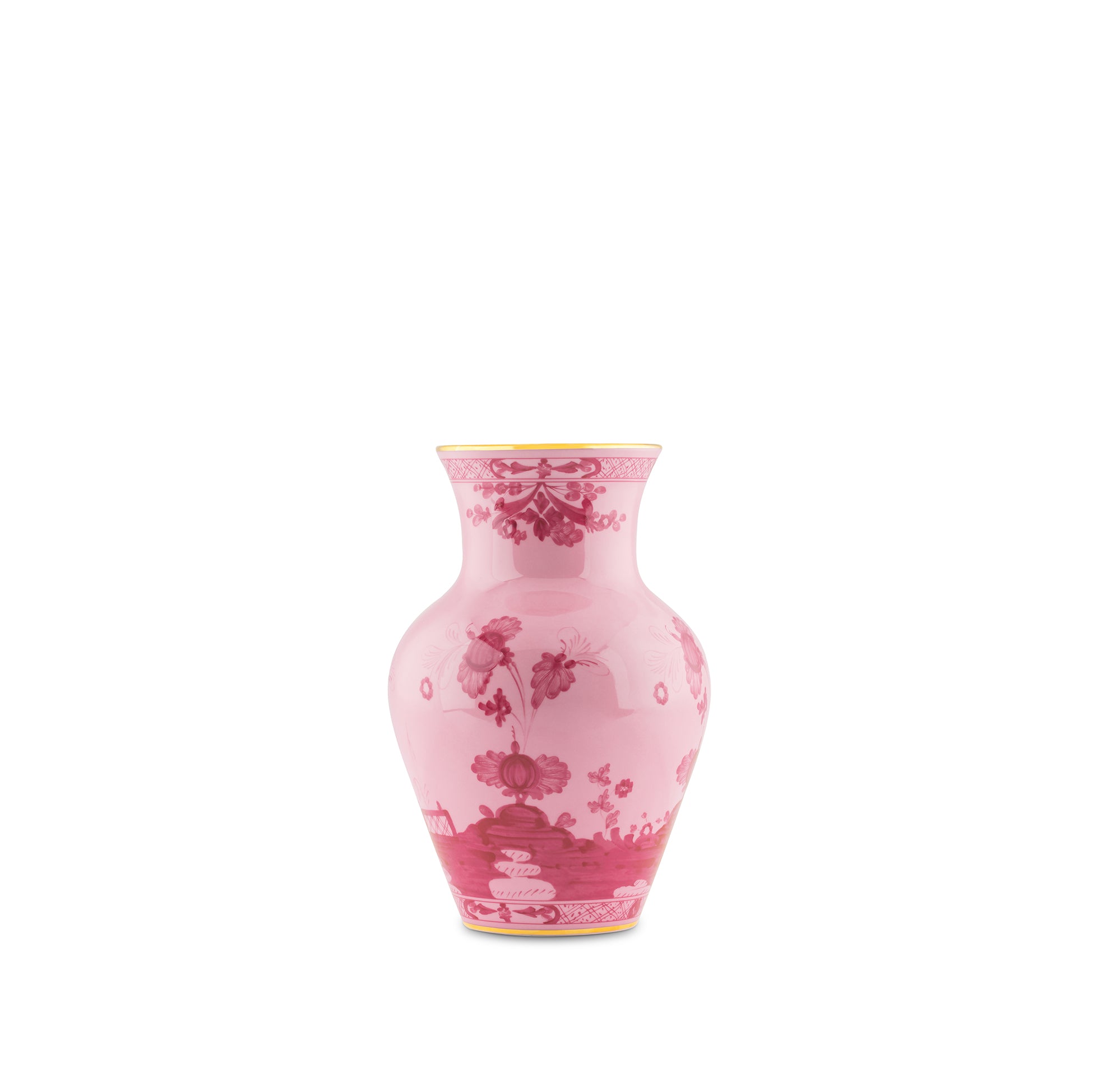 Ginori 1735 Oriente Italiano Pink Gold Rim Ming Vase, 25cm