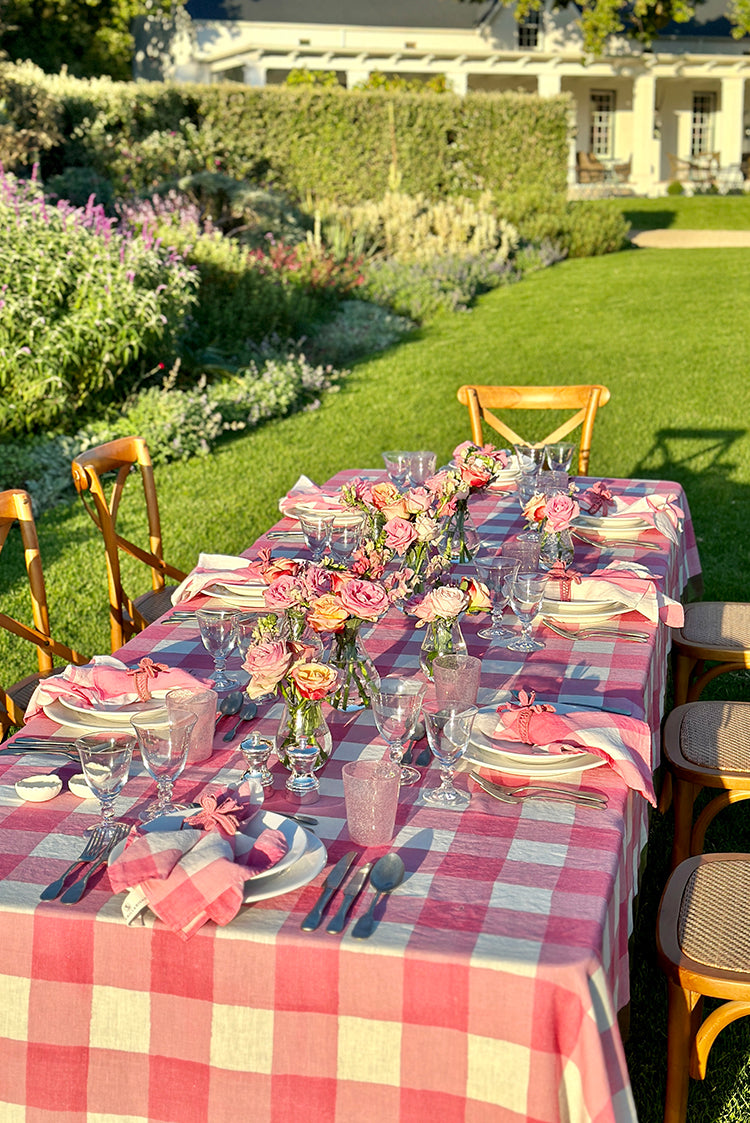 'Gingham' Linen Tablecloth in Rose Pink with Avocado Green Trim