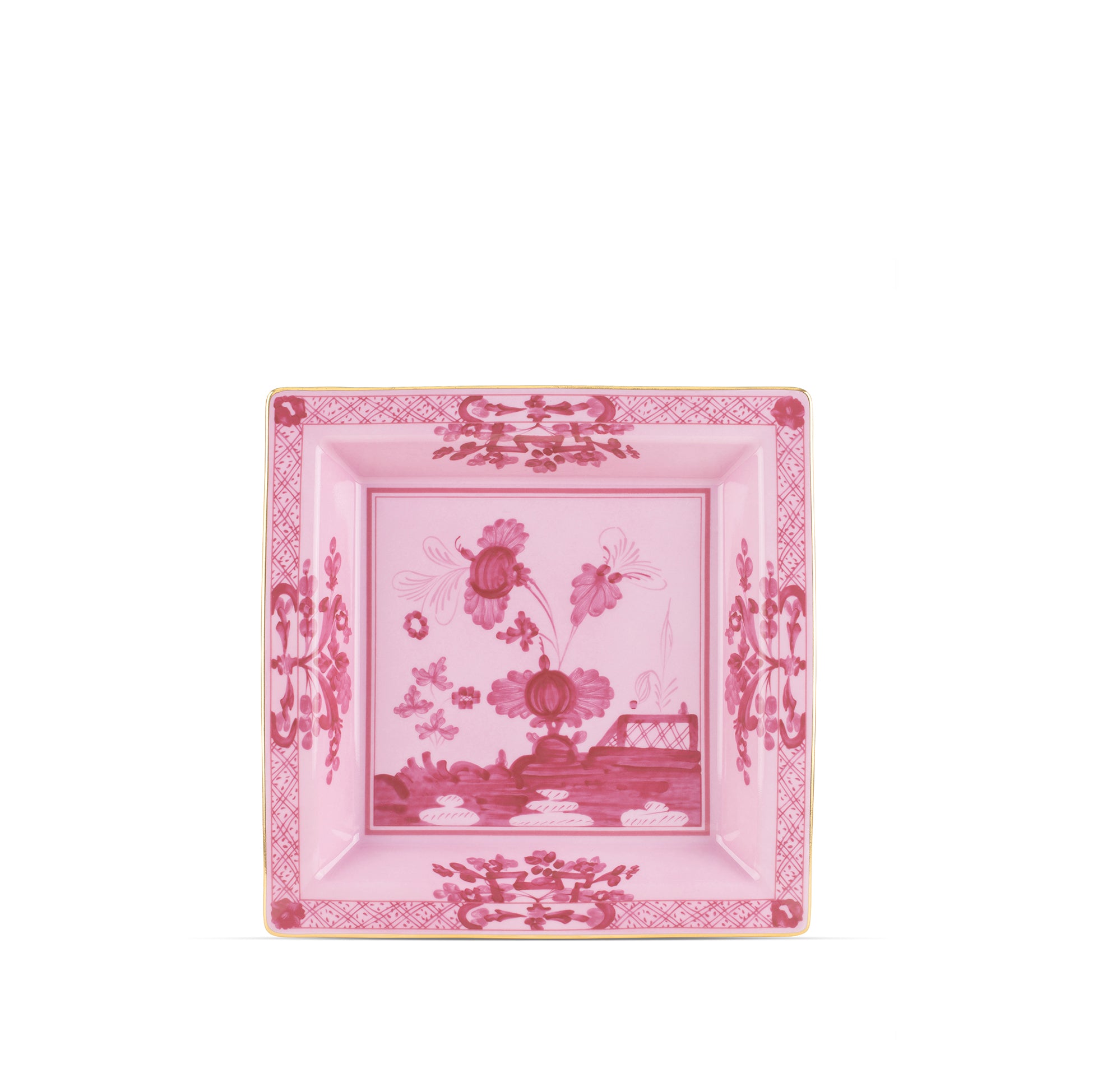 Ginori 1735 Oriente Italiano Pink Gold Rim Squared Change Tray, 18cm