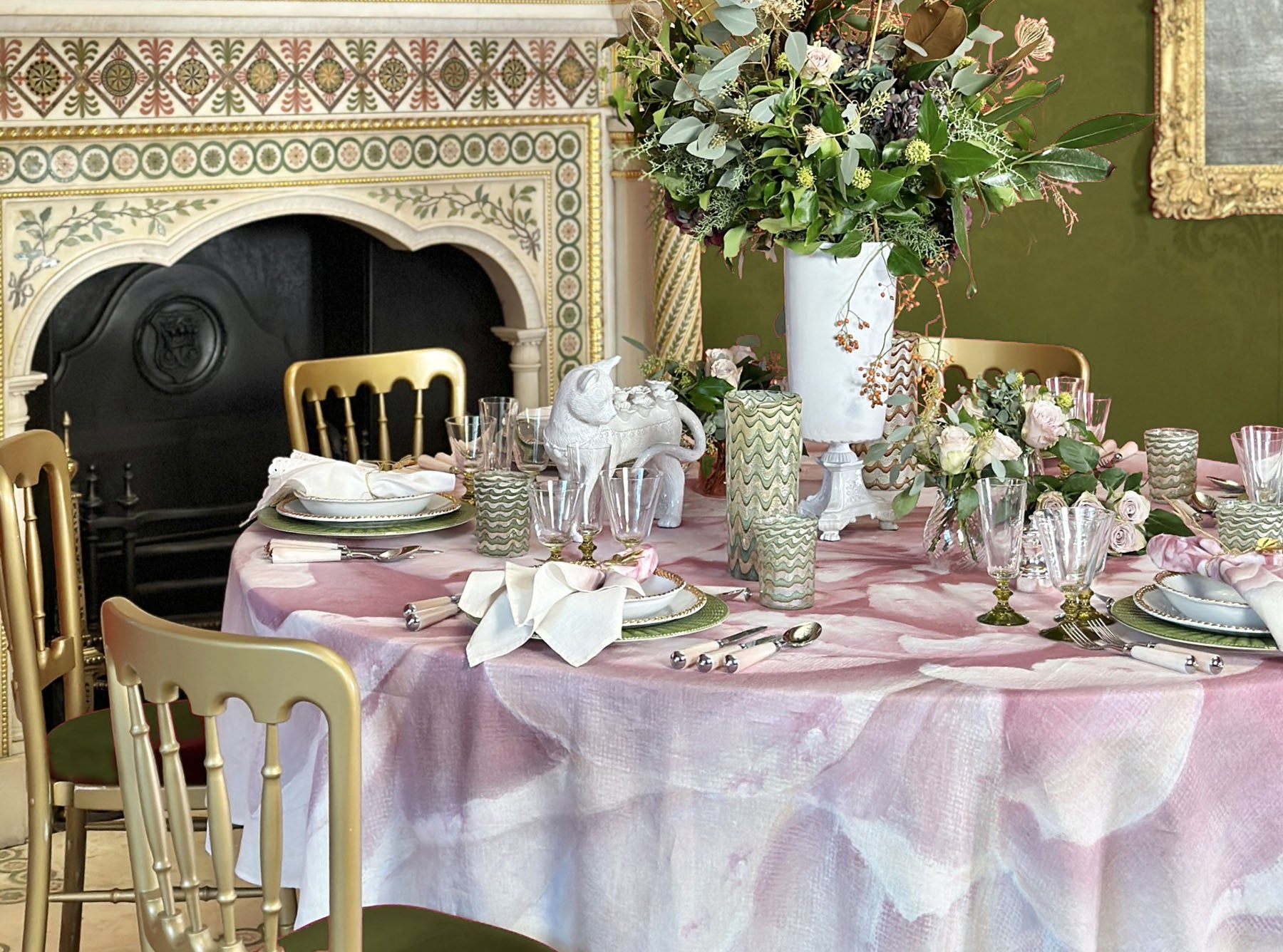 Pink Painted Peony Round Linen Tablecloth, 260cm