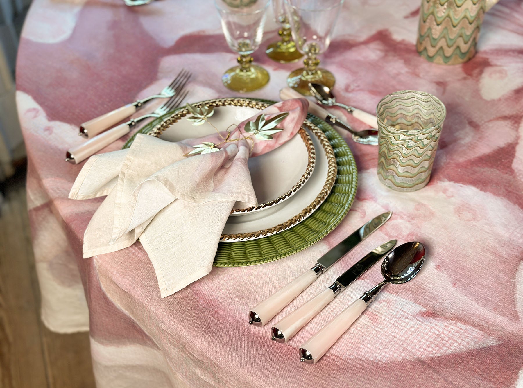 Pink Painted Peony Round Linen Tablecloth, 260cm