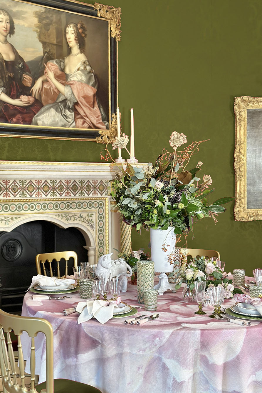 Pink Painted Peony Round Linen Tablecloth, 260cm