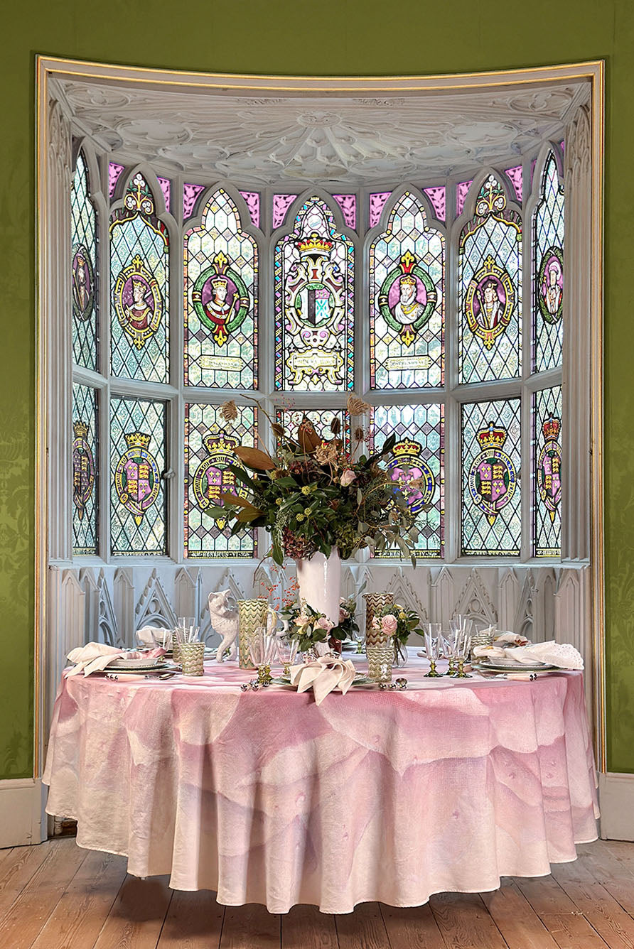 Pink Painted Peony Round Linen Tablecloth, 260cm