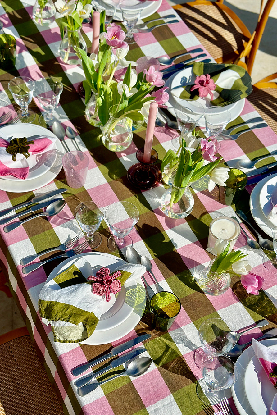 Gingham Linen Tablecloth in Rose Pink & Avocado Green