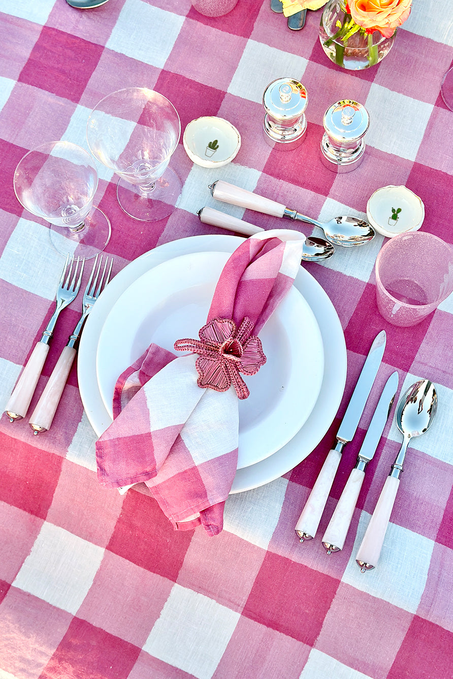 'Gingham' Linen Tablecloth in Rose Pink with Avocado Green Trim