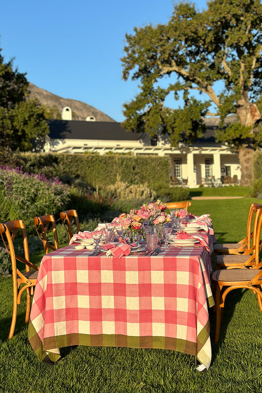 'Gingham' Linen Tablecloth in Rose Pink with Avocado Green Trim