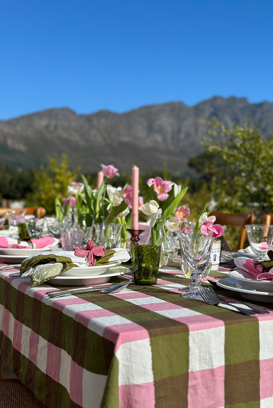 Gingham Linen Tablecloth in Rose Pink & Avocado Green