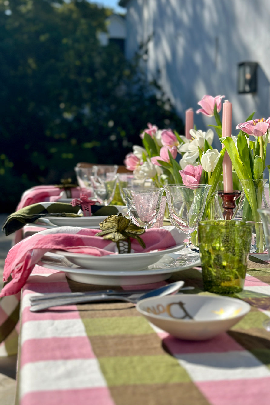 Gingham Linen Tablecloth in Rose Pink & Avocado Green