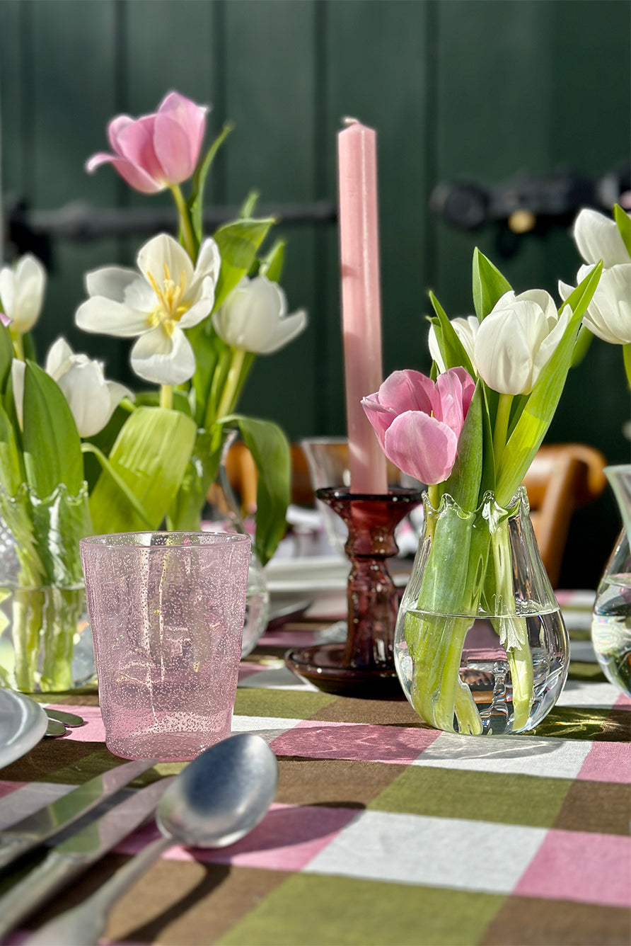 Gingham Linen Tablecloth in Rose Pink & Avocado Green