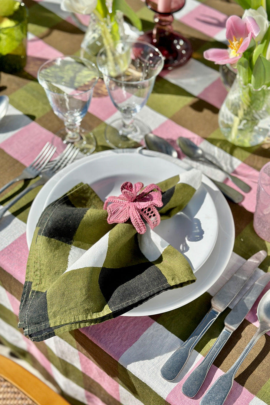 Gingham Linen Tablecloth in Rose Pink & Avocado Green