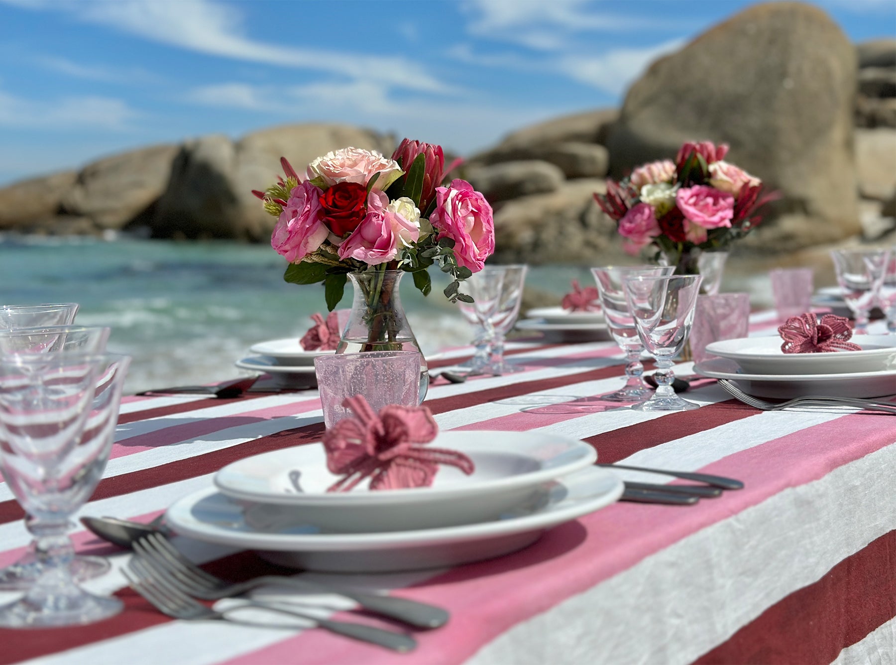 Stripe Linen Tablecloth in Raspberry Red & Rose Pink