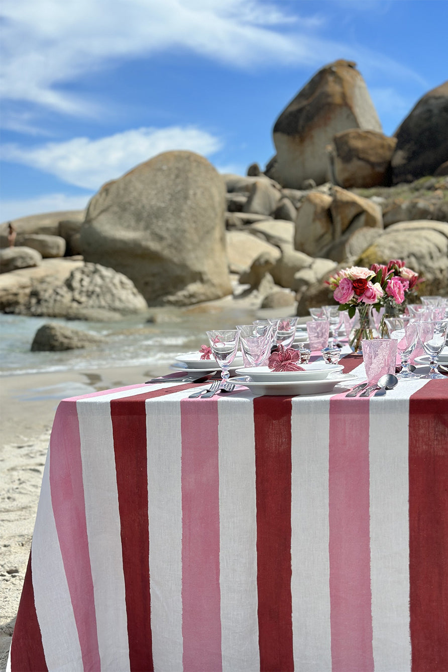 Stripe Linen Tablecloth in Raspberry Red & Rose Pink