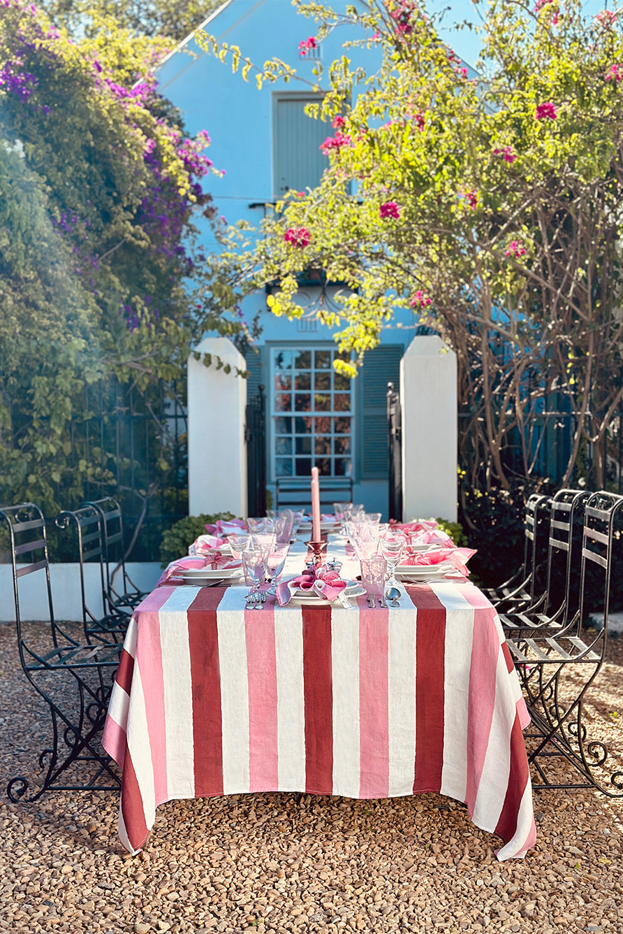 Stripe Linen Tablecloth in Raspberry Red & Rose Pink