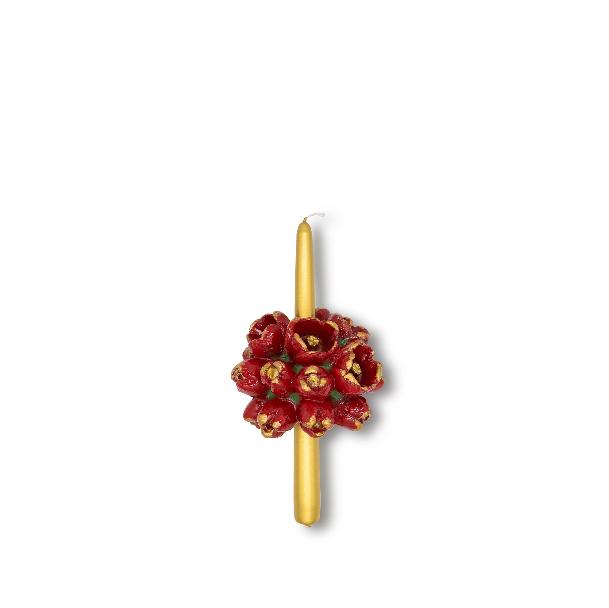 Red Flower Bouquet on Tapered Candle, 14cm