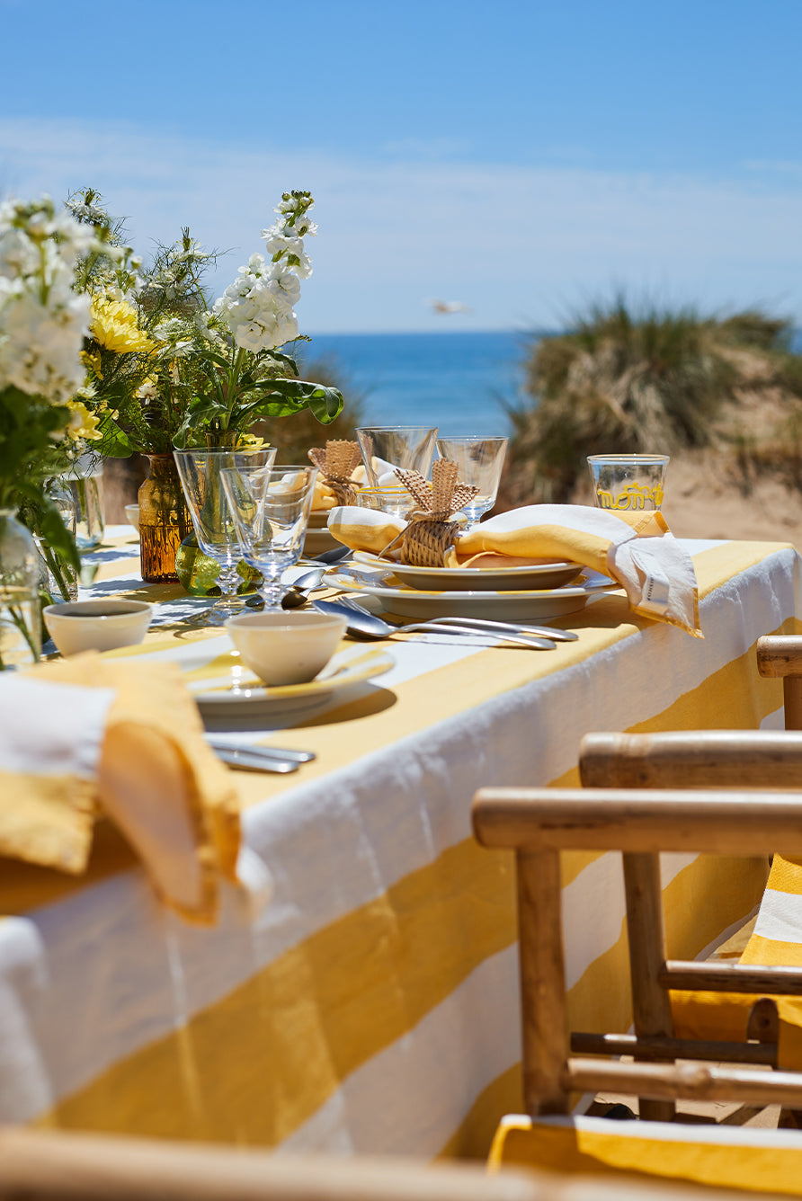 Stripe Linen Tablecloth in White Yellow Summerill Bishop